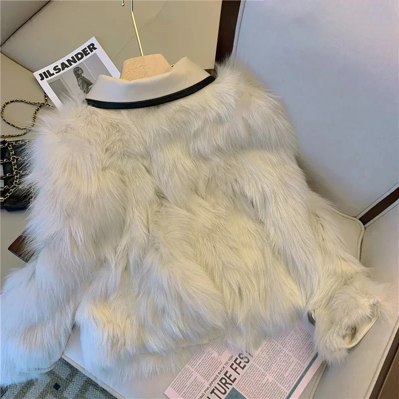 Fashion Faux Fox Fur Women Coat Y2K Korean Chic Patchwork Single Breasted Crop Jacket Winter Warm Elegant Bow Fluffy Outerwear