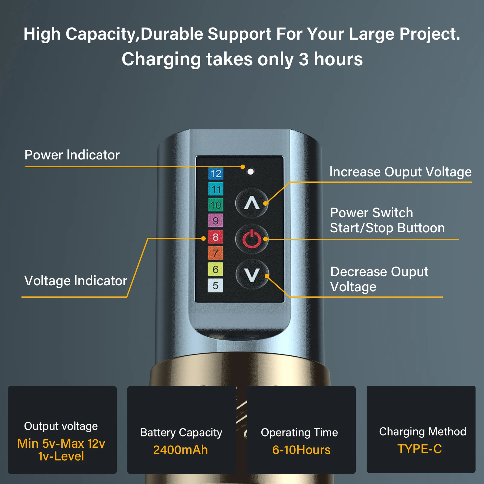 ماكينة رسم الوشم التجميلي اللاسلكية EXO 4.0 السكتة الدماغية 2400 مللي أمبير بطارية ليثيوم سعة كبيرة محرك قوي بدون قلب لفنان الوشم #4