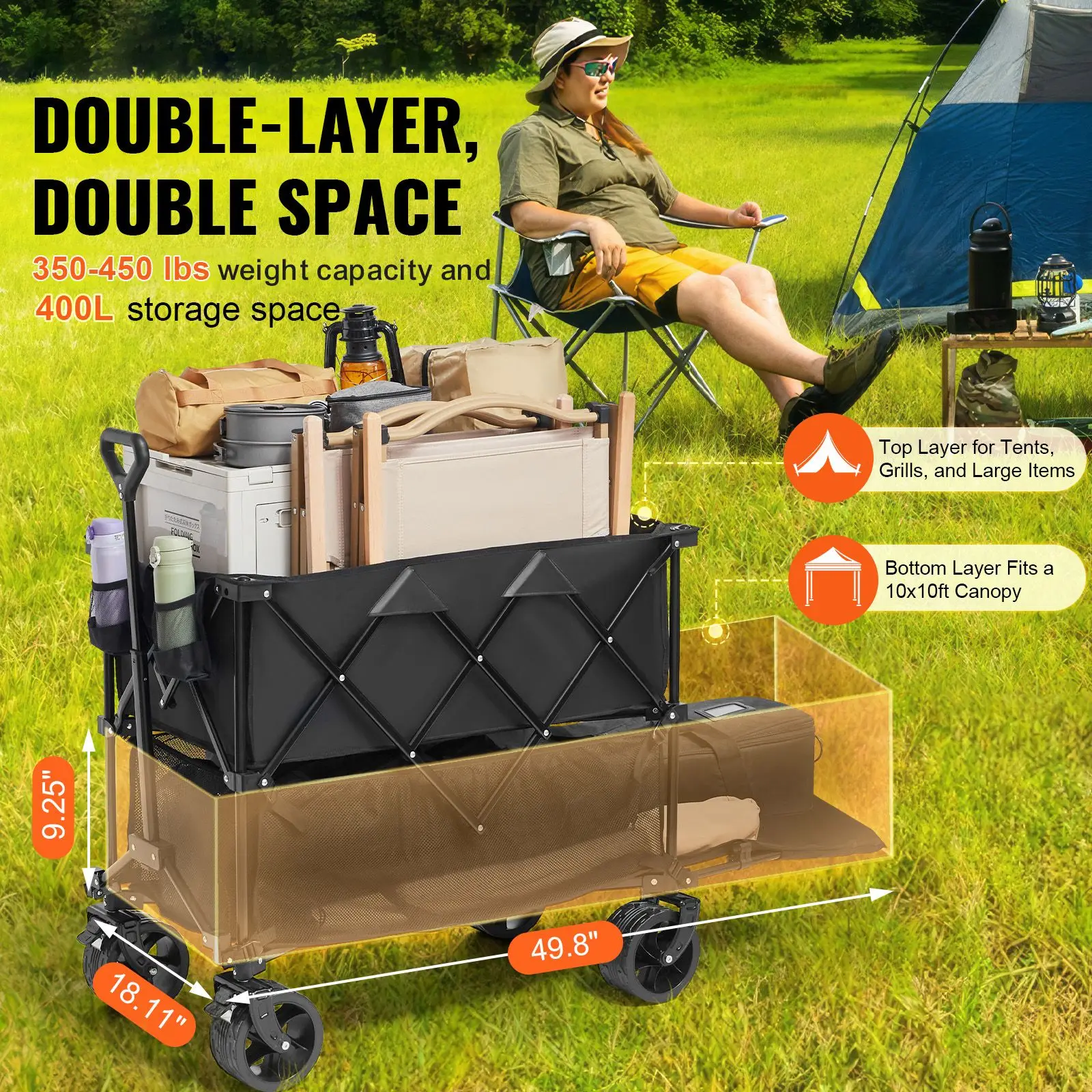 Foldable Double Decker Wagon, 400L Collapsible Wagon Cart with All-Terrain Wheels, Heavy Duty Folding Wagon Cart 350-450 lbs Weight Capacity for Camping, Garden, 52