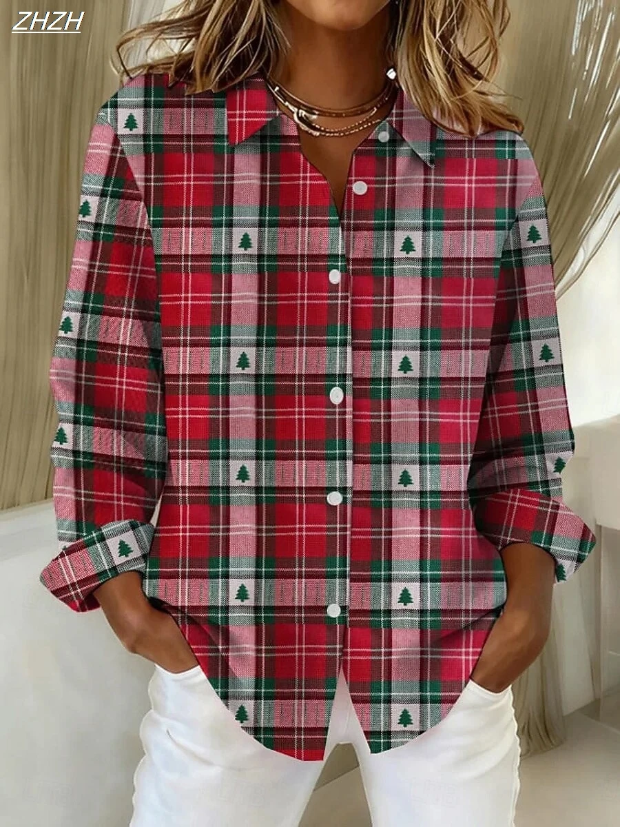 เสื้อเชิ้ตผู้หญิงลายกราฟิกลายสก๊อตเกล็ดหิมะสไตล์วินเทจหรูหรา แขนยาว คอปก ทรงปกติ เหมาะสำหรับใส่ในชีวิตประจำวันและวันหยุด