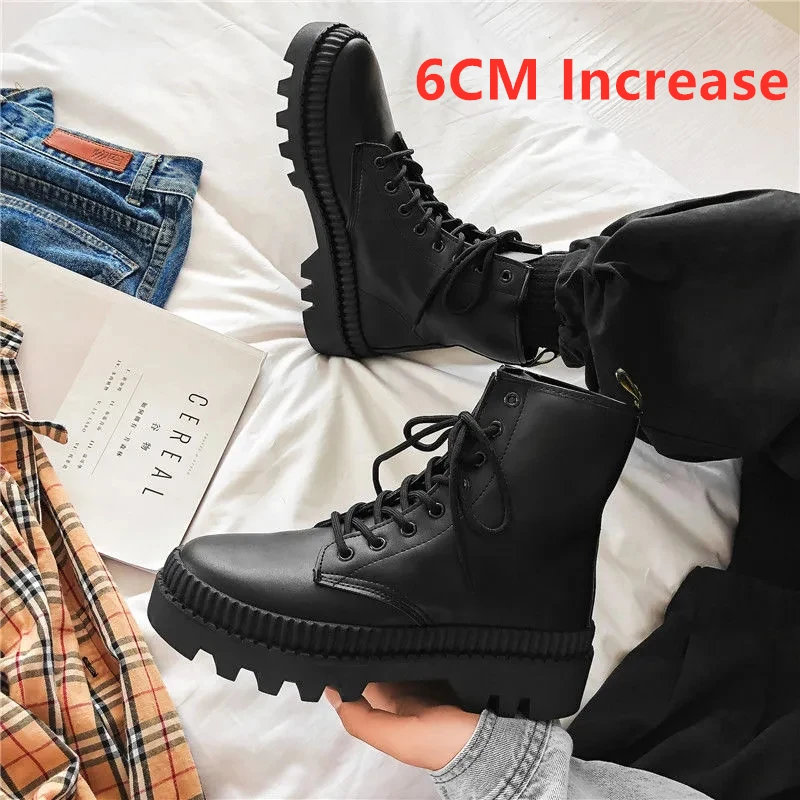 

New Autumn Boots Thick Base Cloth Mid-Top Boots Men 6cm Increase Fall Boots High-Top Casual Men Shoes Motorcycle Platform Boots