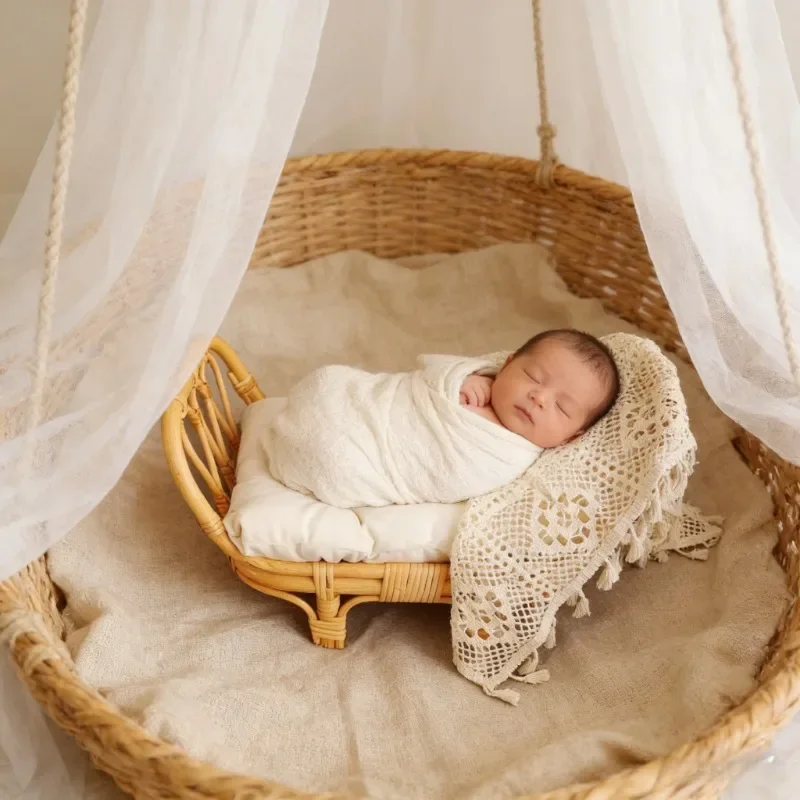 Rattan Basket Container Baby Bamboo Bench Bed 1pc Newborn Photography Props Essential for Infant Studio Shooting Posing Use