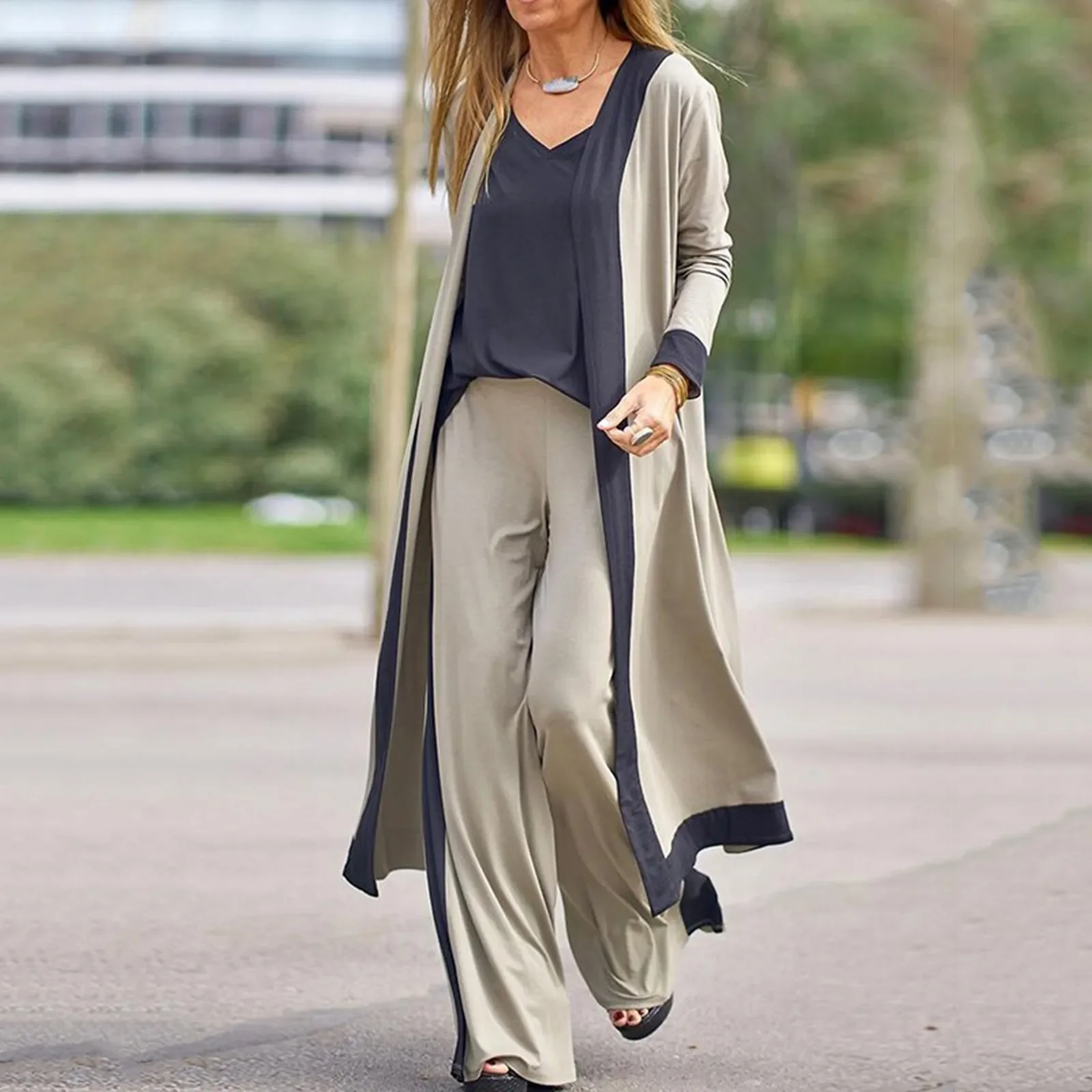 

Casual Solid Color Splicing Sleeveless Vest Long Sleeve Cardigan Jacket Trousers Three-piece Set