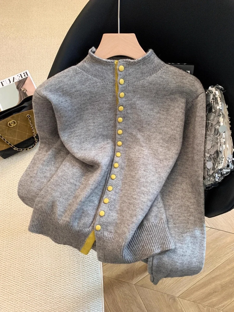 

Корейский дизайн, цветной вязаный кардиган с длинными рукавами, женский, весна-осень, новинка, на одной пуговице, с воротником-стойкой, свитер