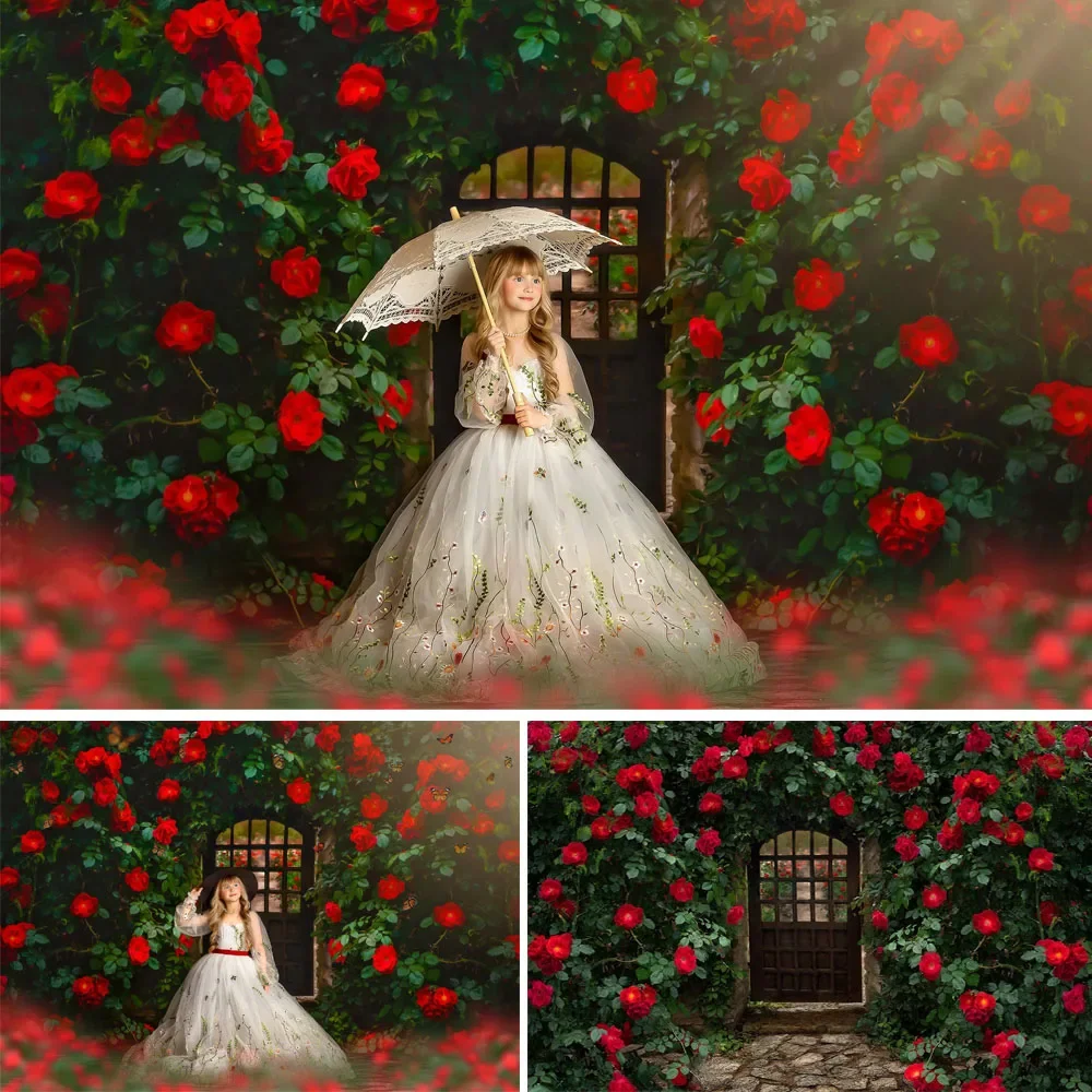 

Red Rose Garden Backdrops Kids Girl Photography Props Child Adult Photocall Decor Spring Floral Valentine's Day Photo Background