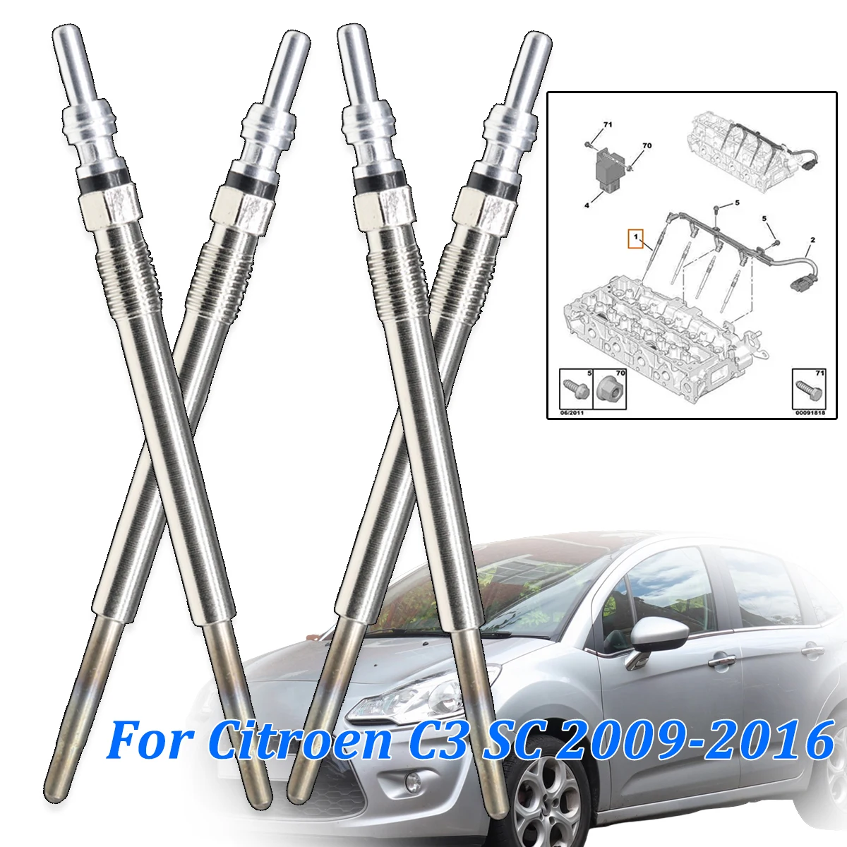 

4PCS Diesel Heater Nickel Plating Glow Plugs 5V 5960E6 5960K6 For Citroen C3 SC 2009 2010 2011 2012 2013 2014 2015 2016 1.6 HDi