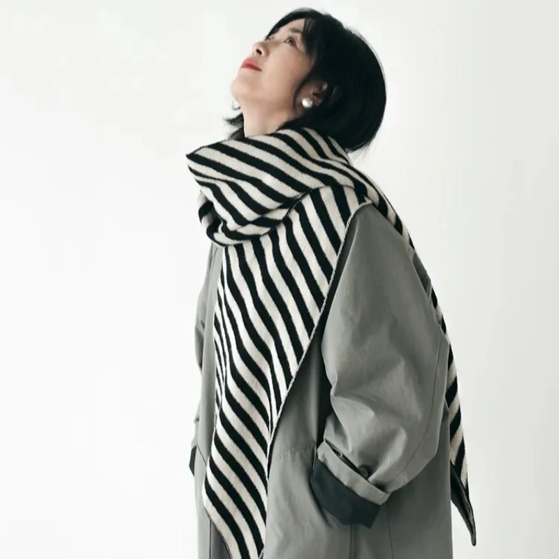 

British Korean Style Niche Wool Black stripe Triangle Scarf for Women Multi-functional Warm Knitted Headscarf Fashion Accessory