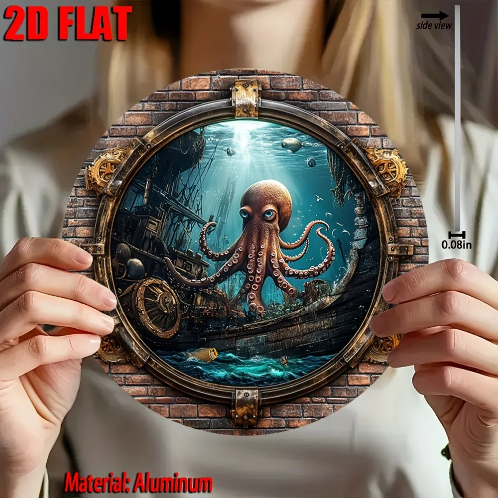 2D Flat, 1pc Underwater World Metal Wall Art Sign - 19.99x19.99 cm Aluminum Octopus & Shipwreck Decor with Vibrant 2D Flat Print