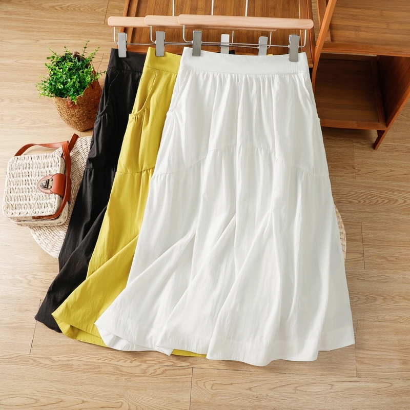

Summer 2025 New Cotton Polyester Blend Cool Feeling A-Line Split Color Splicing Midi Skirt Faionable Versatile Mid-Ye...