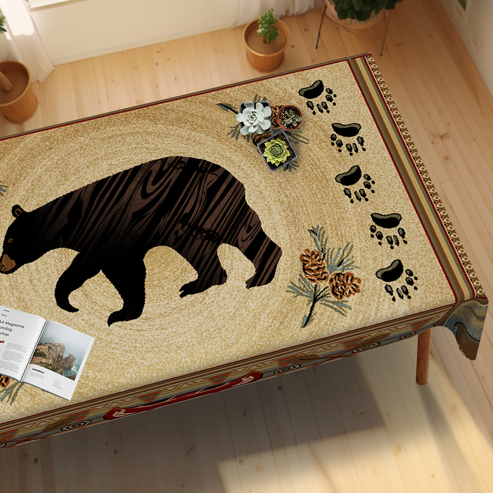 One VESPRI bear pattern tablecloth - High-quality anti-wrinkle rectangular tablecloth, suitable for indoor/outdoor use.PMJ