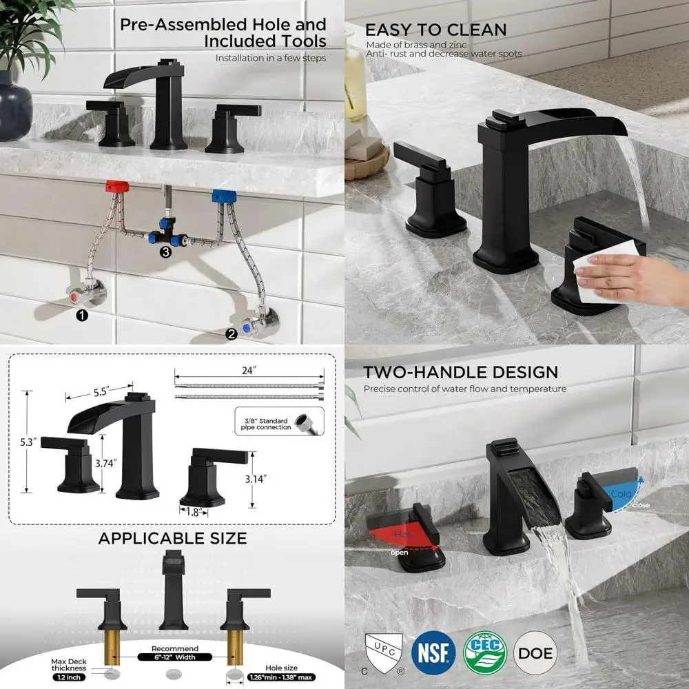 

8 Modern 3-Hole Matte Black Brass Bathroom Faucet with Pop-Up Drain, Suitable for Vanity, Restroom, and Bathtub