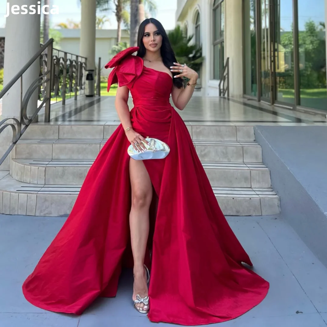 

Jessica Red Shoulder Prom Dresses Sweet Bow Mermaid Luxury Evening Dresses Sexy Side Slit Elegant Lady Wedding Party Dress