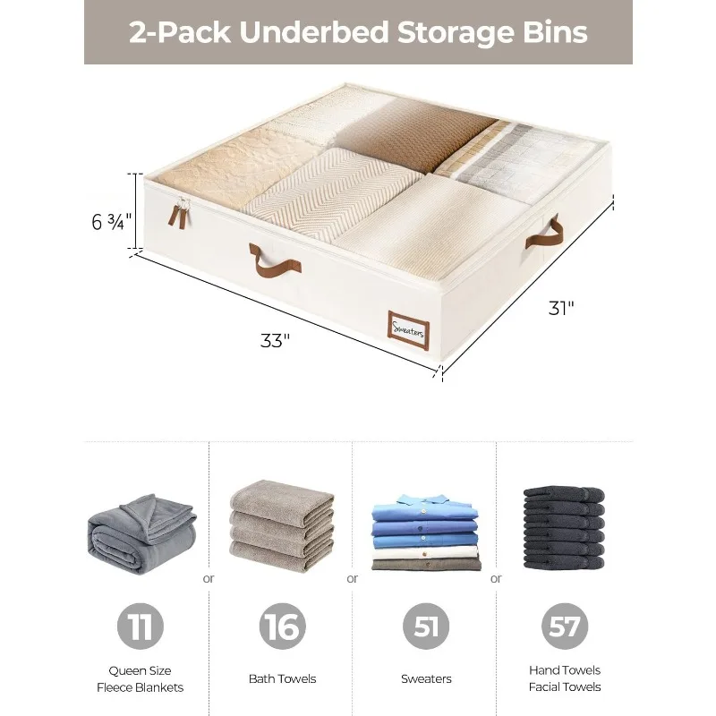 120L Under Bed Storage Containers with Handles and Label Holder, 2 Pack Ultra-thick Fabric Underbed Bins, Closet Organizer