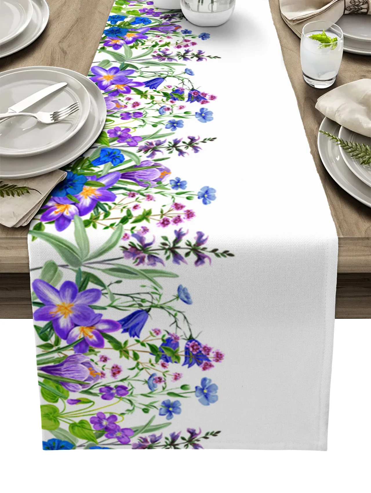 Plants Field Flowers Herbs Purple White Linen Table Runner Kitchen Table Decoration Dining Tablecloth Wedding Party Decor