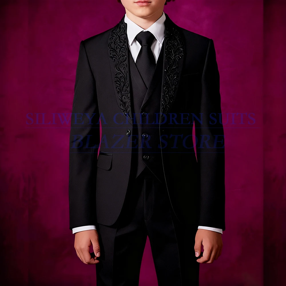 

Роскошные черные костюмы для мальчиков, модная однобортная однобортная куртка с вышивкой, брюки, жилет, детская одежда, костюм, детская одежда