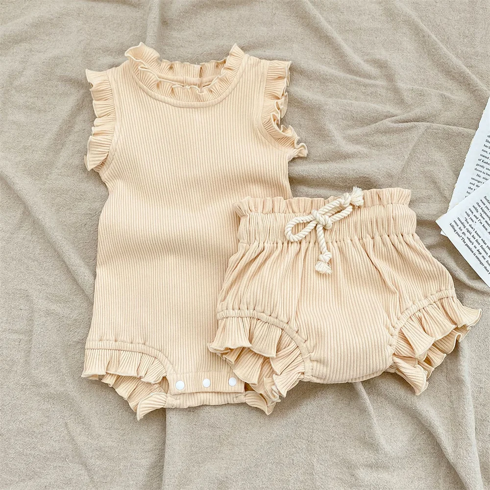 Soft Breathable Newborn Baby Ribbed Clothes Set Ruffle Sleeveless Boy Girl Bodysuit and Elastic Wait Pp Shorts Bloomer 0-24M