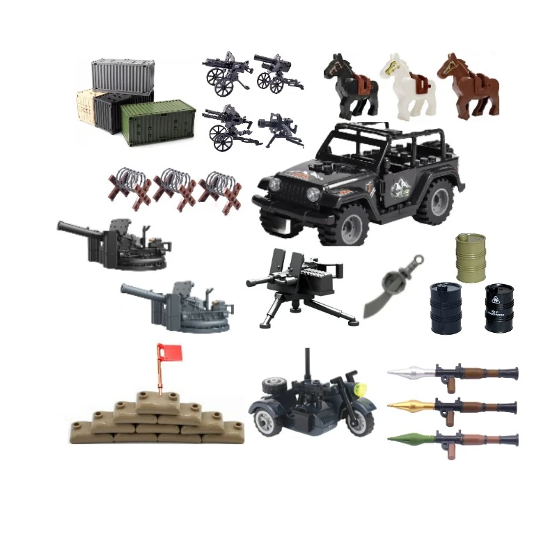 Building Blocks Military Series: Scene Assembly Models-Gun Roadblock War Horse Container Tricycle Sandbag and Other Accessories