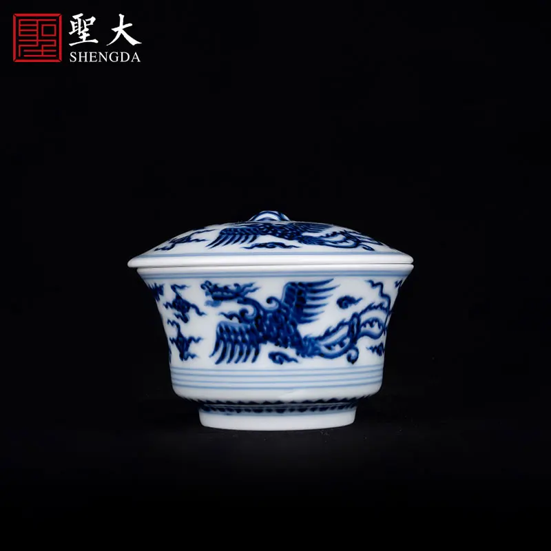 |antique Ming Dynasty blue and white dragon and phoenix pattern cover cup Jingdezhen all manual bird's nest cover bowl