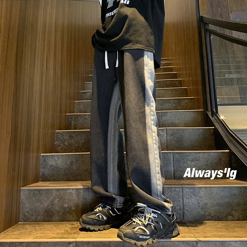 

Мужские джинсы American Street Sle, широкие брюки с цветными вставками по бокам, оверсайз, повседневные, свободного кроя, молодежные, модные, длинные брюки