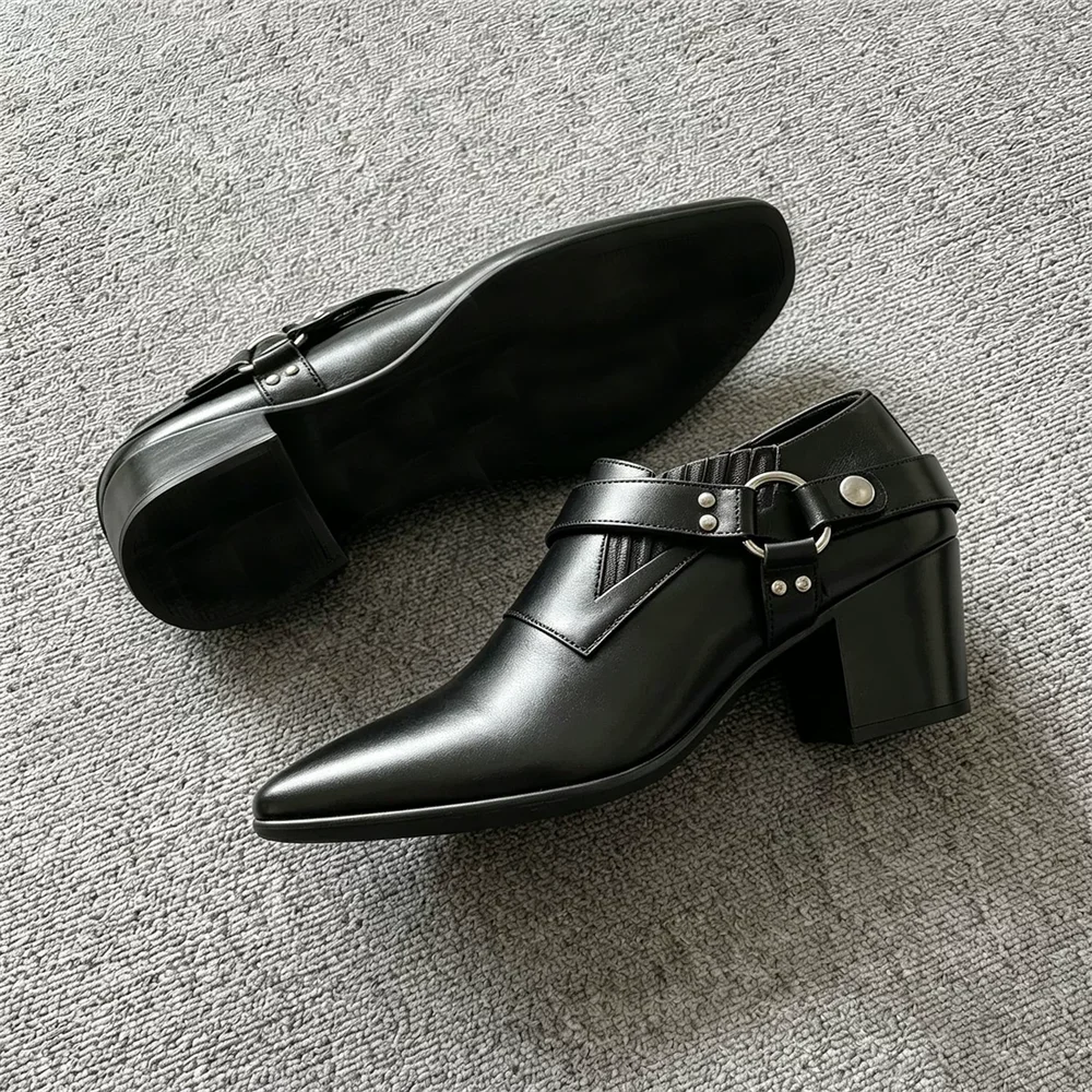 Chelsea English Style Black Top Cowhide Chelsea Boots for Men 6cm Hick Heel Pointed Toe Height Increasing Buckle Short Boots