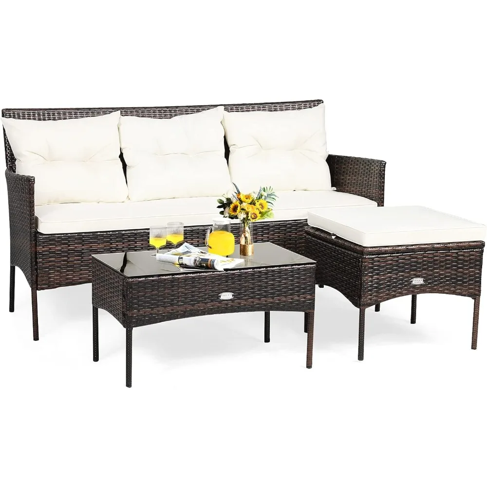 

3PCS Outdoor Rattan Conversation Set Patio Furniture Set with Tempered Glass Coffee Table, 5 Elastic Seat & Back Cushions, Sect