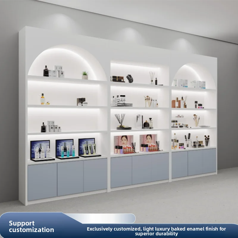 custom.Multifunctional Beauty Salon Skincare & Cosmetics Display Cabinet with Lighting Nail Counter and Live Streaming