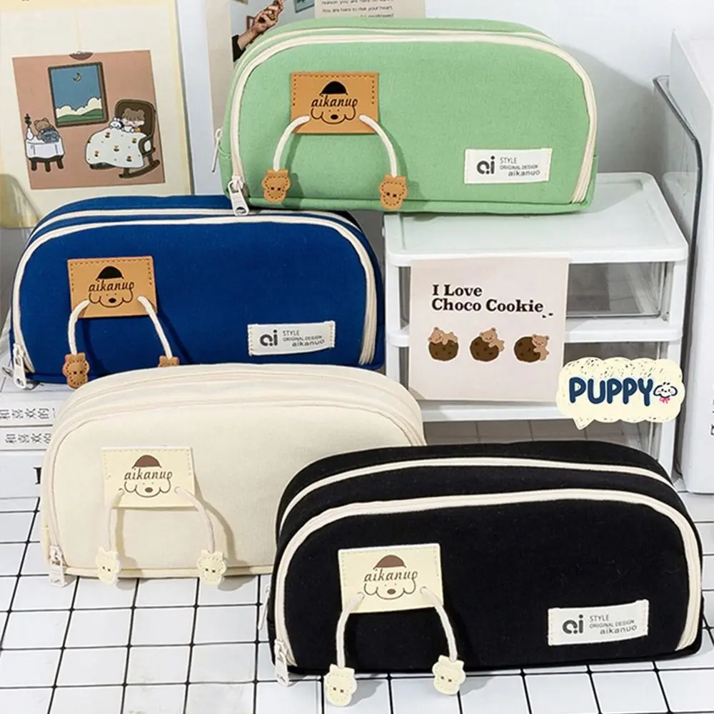 Desktop Storage Canvas Stationery Bag Large Capacity Aesthetic Multi Layer Pencil Bag Korean Style Puppy Pencil Pouch Children