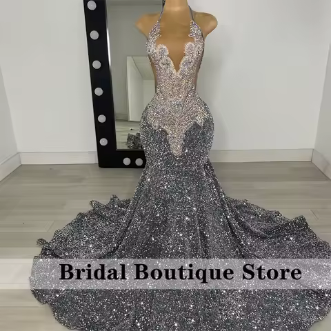 New Arrival 2026 Sparkly Silver Diamonds Mermaid Prom Dress Halter Rhinestones Wedding Party Birthday Evening Gown Customized