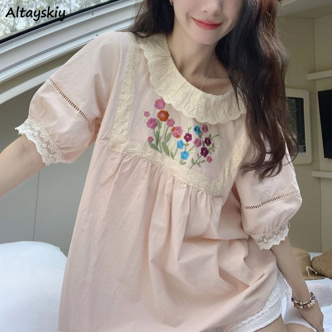 Pink Blouses Women Lace Floral Embroidery Loose Sweet Tops Girlish Age-reducing Japanese Style Summer Kawaii Attractive Ins 3XL