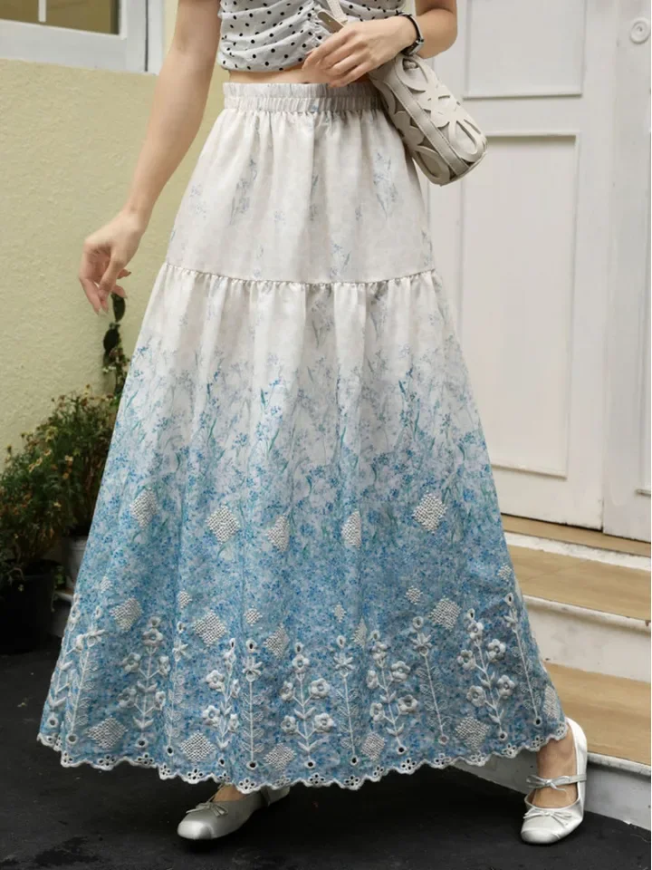 2026 New French Style Floral Embroidery Printed Skirt Female Spring Summer High-waisted Elegant Trend A-line Long Skirt