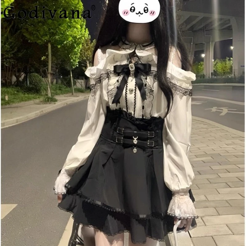 

Clear Series Japanese Outfits Women Lace Patchwork Shirt Black Short Skirt Two Piece Suit Female Lolita Style Sweet Set