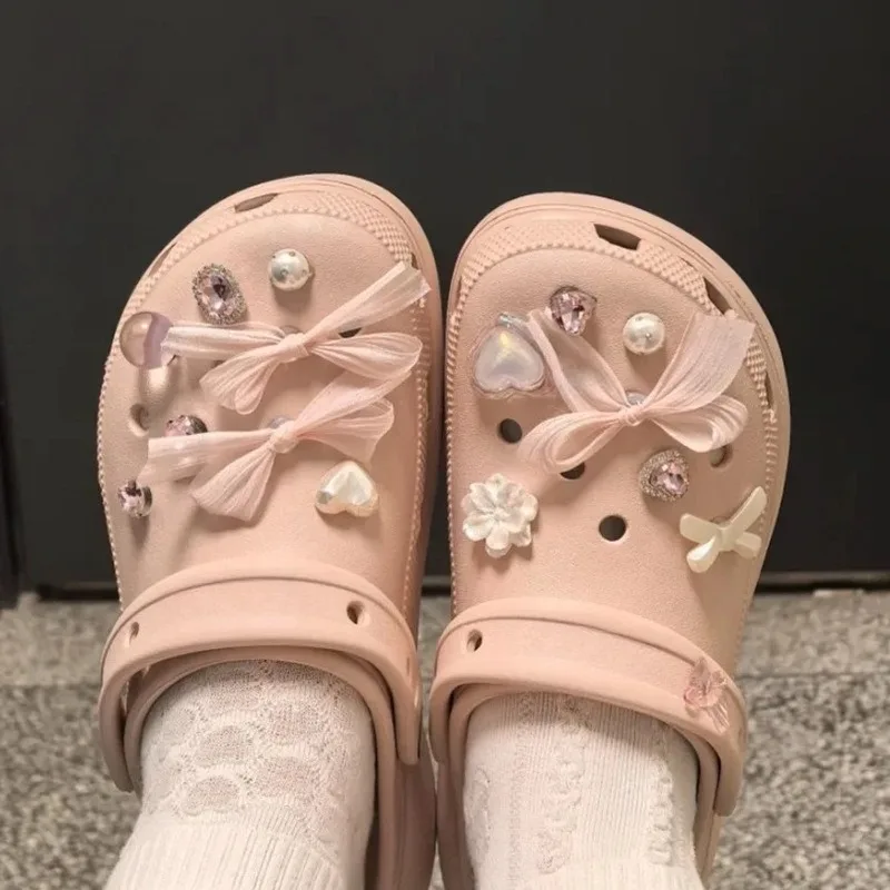 Girl's Heart Butterfly Bow Pink Diamond DIY Shoes Decoration Hole Shoes Mary Jane Holiday Gift New Hot Selling