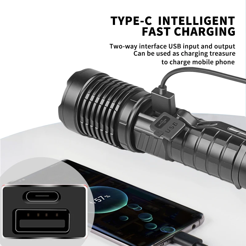 Super Bright XHP70 LED Torch 18650 26650 Type-C USB Rechargeable Flashlight 1500LM Electric Display Zoom Waterproof Emergency