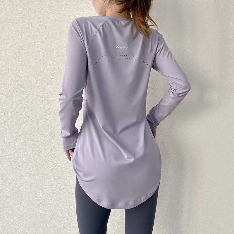 Autumn and Winter Long Hip Covering Slimming Style Beautiful Back Breathable Yoga Suit Long Sleeve Running Fitness Sportswear T-