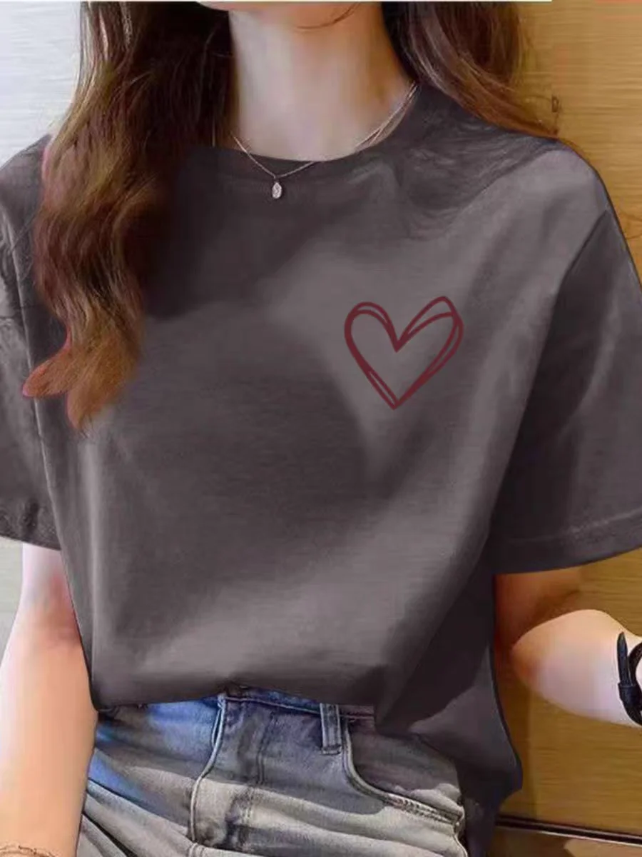 

Cotton short-sleeved T-shirt female 2025 new explosion summer unique chic blouse female loose T-shirt small love printing.