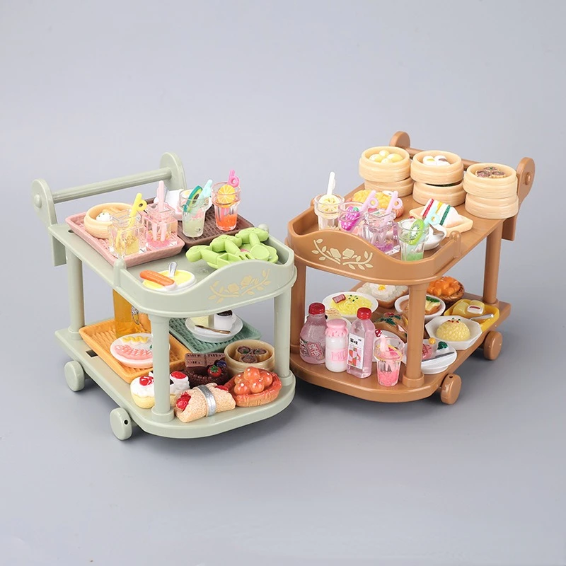 1set Dollhouse Food Carts Trolley with Mini Food Plate Dinnerware Forks Drink Play House Toy Miniature Kitchen Doll Accessories