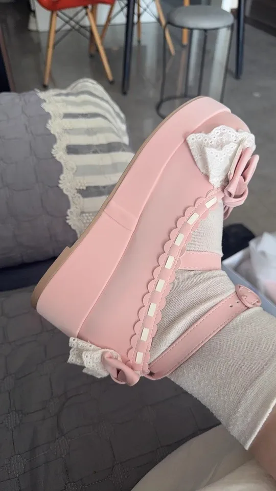 الأصلي لوليتا فتاة سميكة سوليد مقوس دانتيل رئيس مستدير الأميرة حذا فردي للسيدات الرسوم المتحركة أنيمي تأثيري عالية الكعب الصنادل الحفلات #5