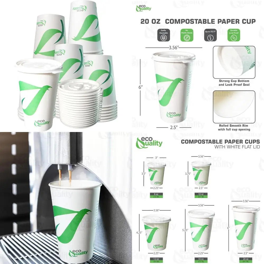 

Экологичные биоразлагаемые бумажные стаканчики с белыми крышками с подкладкой PLA — 20-унций компостируемые кофейные стаканчики для устойчивой жизни