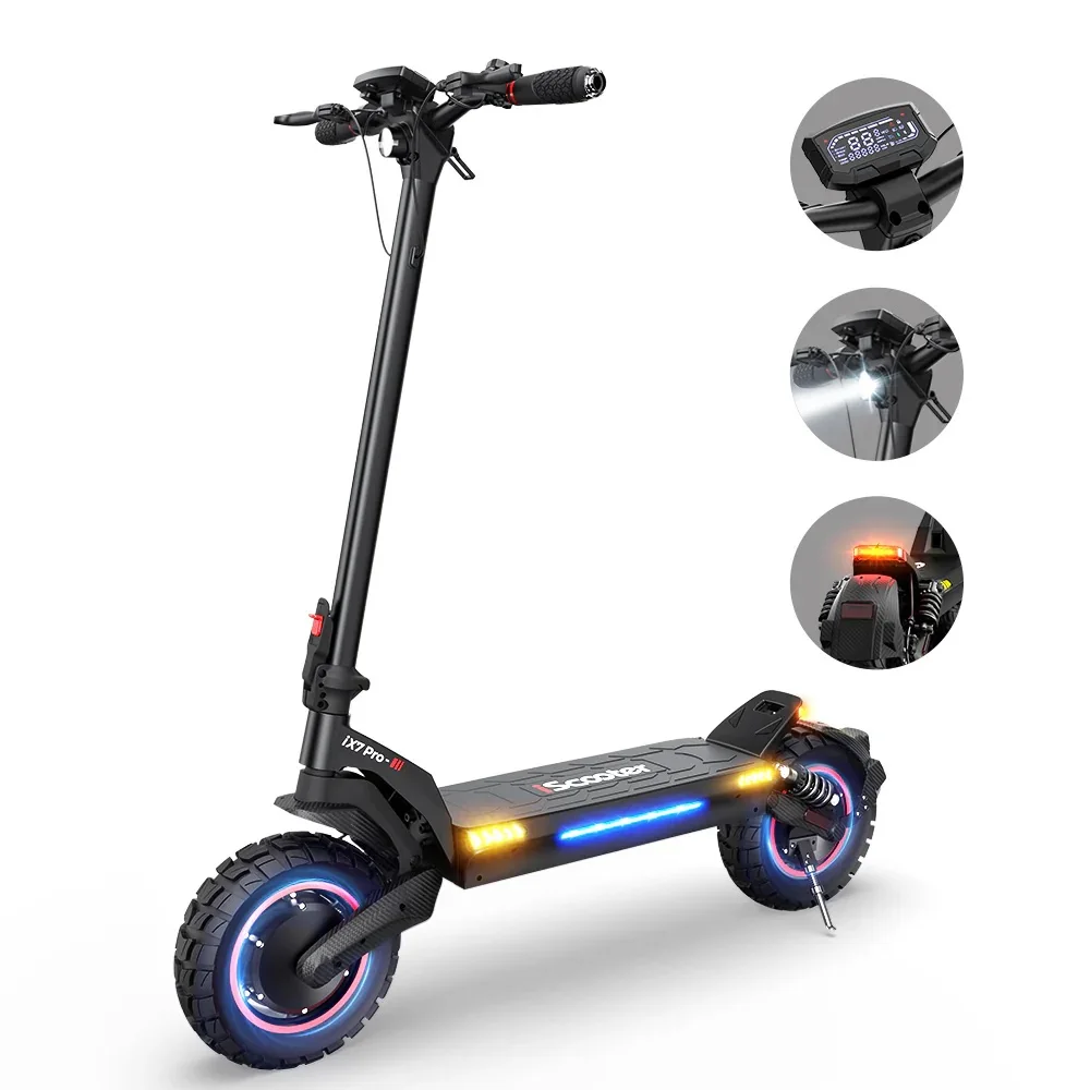 Trottinette électrique iScooter iX7 Pro : Moteur double 2000W, batterie 48V 17.5Ah, 60 km/h, pneus tout-terrain de 10 pouces avec application, trottinette électrique pliable