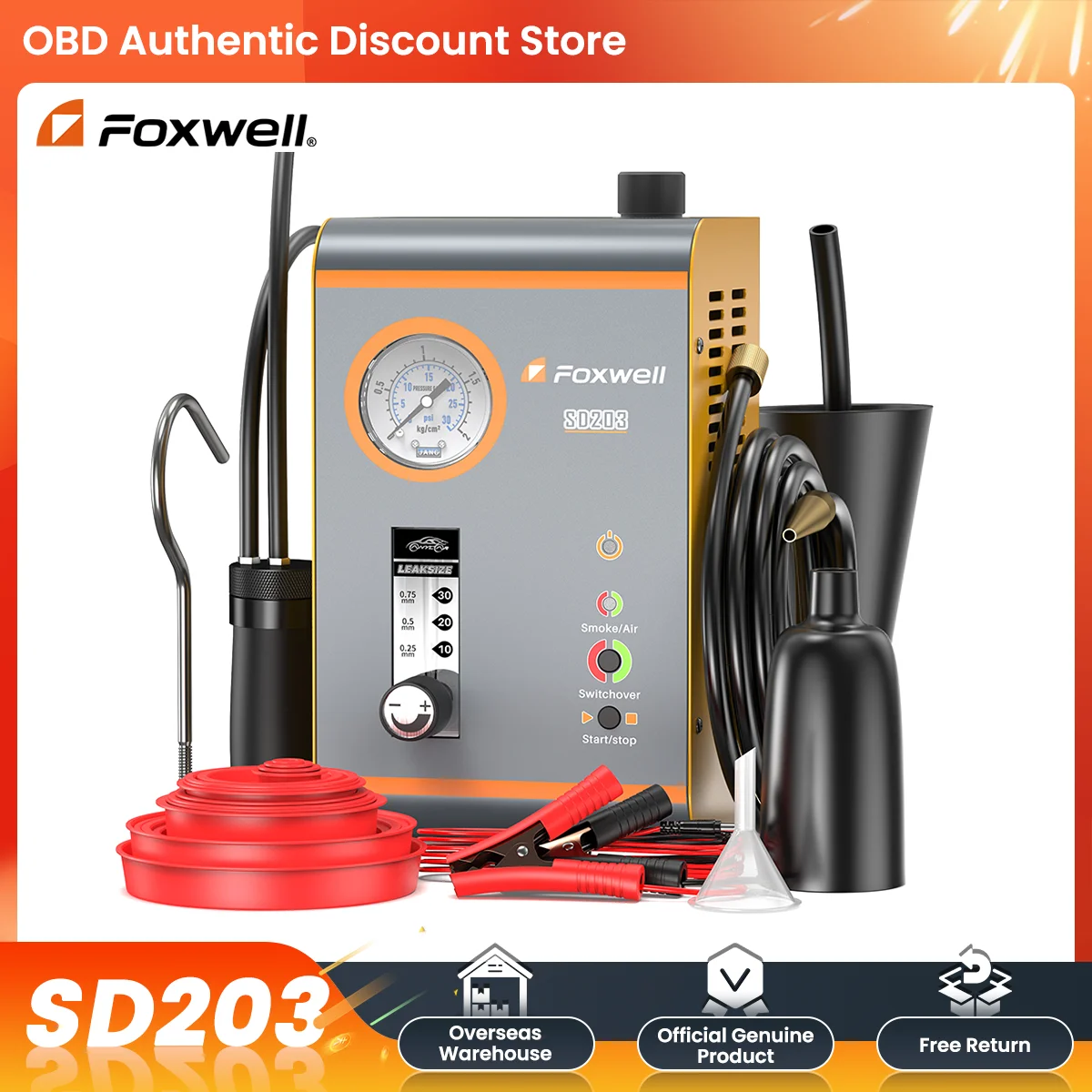 FOXWELL SD203 รถควันรั่วเครื่องตรวจจับปั๊มลม 12V EVAP เครื่องทดสอบสูญญากาศการใช้ท่อรั่ว Locator เครื่องมือวินิจฉัยรถยนต์