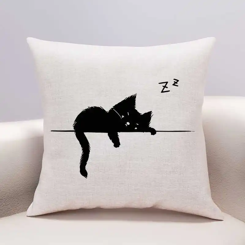 Cute Black Cat Linen Throw Pillow Case Funny Pet Cat Pillowcase 40x40 Cm for Boy Girl Kids Room Sofa Bed Pillow Cover Home Decor