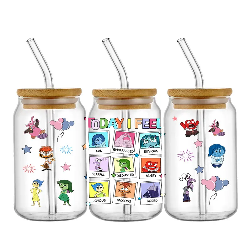 Disney Inside Out 2 Character UV DTF Wraps Transfer Sticker DIY For 16oz Libbey Glass Cup Waterproof Wrap Transfers Decals Cup