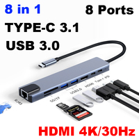 8 in 1 TYPE-C PC Tablet Phone Laptop TO HDMI RJ45 USB 2.0/3.0 SD TF Card Reader PD 100W Charger HUB Adapter Cable