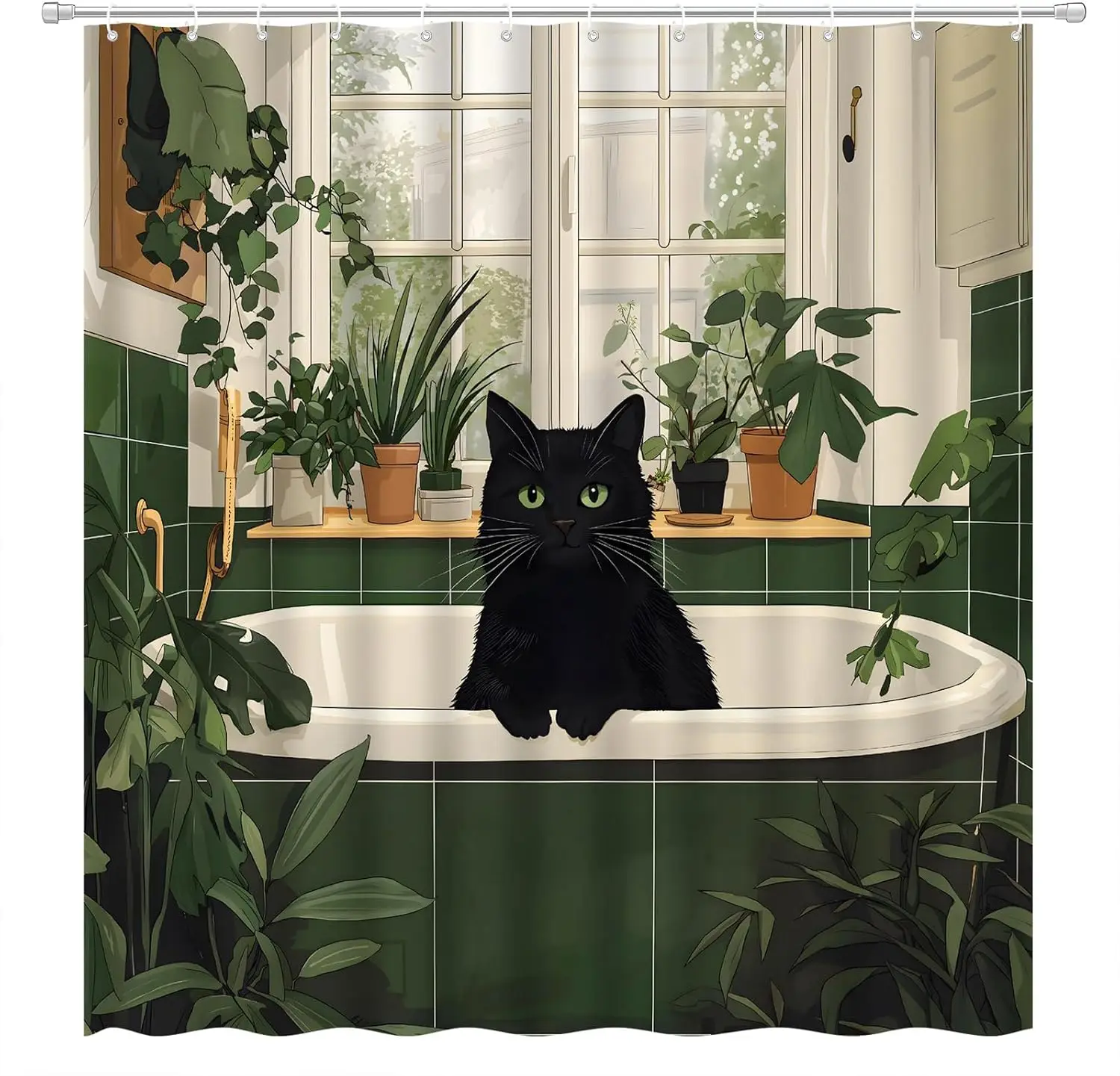 Plant Cat Shower Curtain Black Cat Cute Kitten Taking a Bath Green Leafy Plants Boho Botanicals Modern Fashion Aesthetics