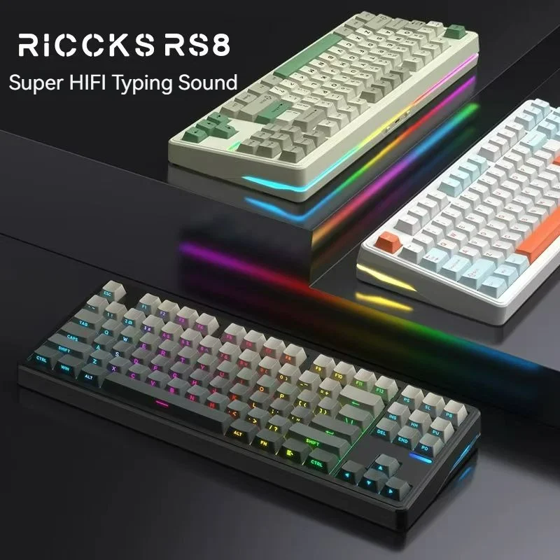 Riccks RS8 87 Keys Customized Mechanical Keyboard  Wireless Tri-Mode VIA Web Driver Low Latency Native QMK Hot Plug Gasket  RGB