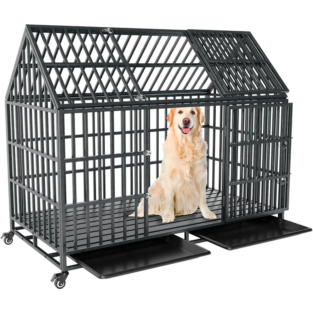

54 Inch Heavy Duty Dog Crate Extra Large Dog Cage Kennel, Indestructible XXL Dog Crate with Open Roof Top, Trays and Wheels, Esc