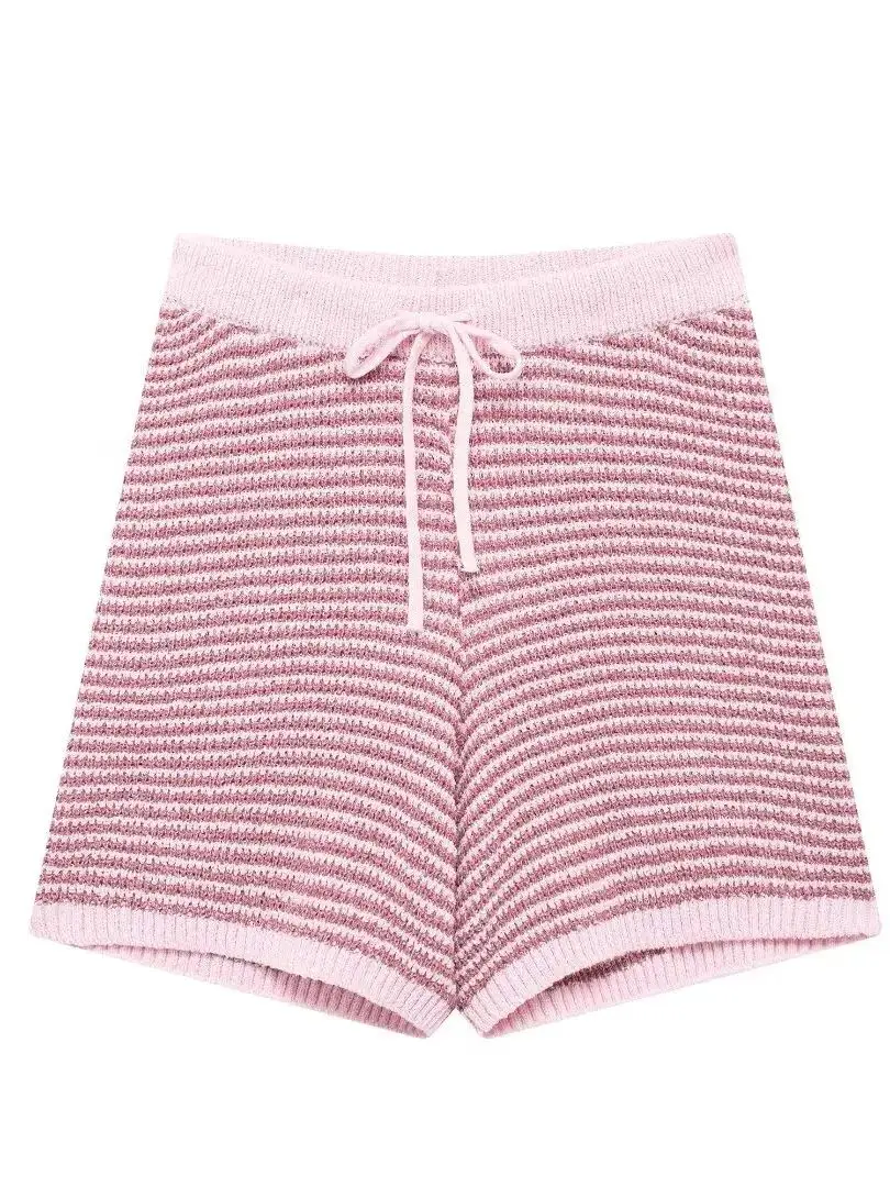 ZEVITY 2024 Women Fashion High Waist Color Matching Striped Knitting Shorts Office Lady Chic Casual Lace Pantalone Cortos P6232