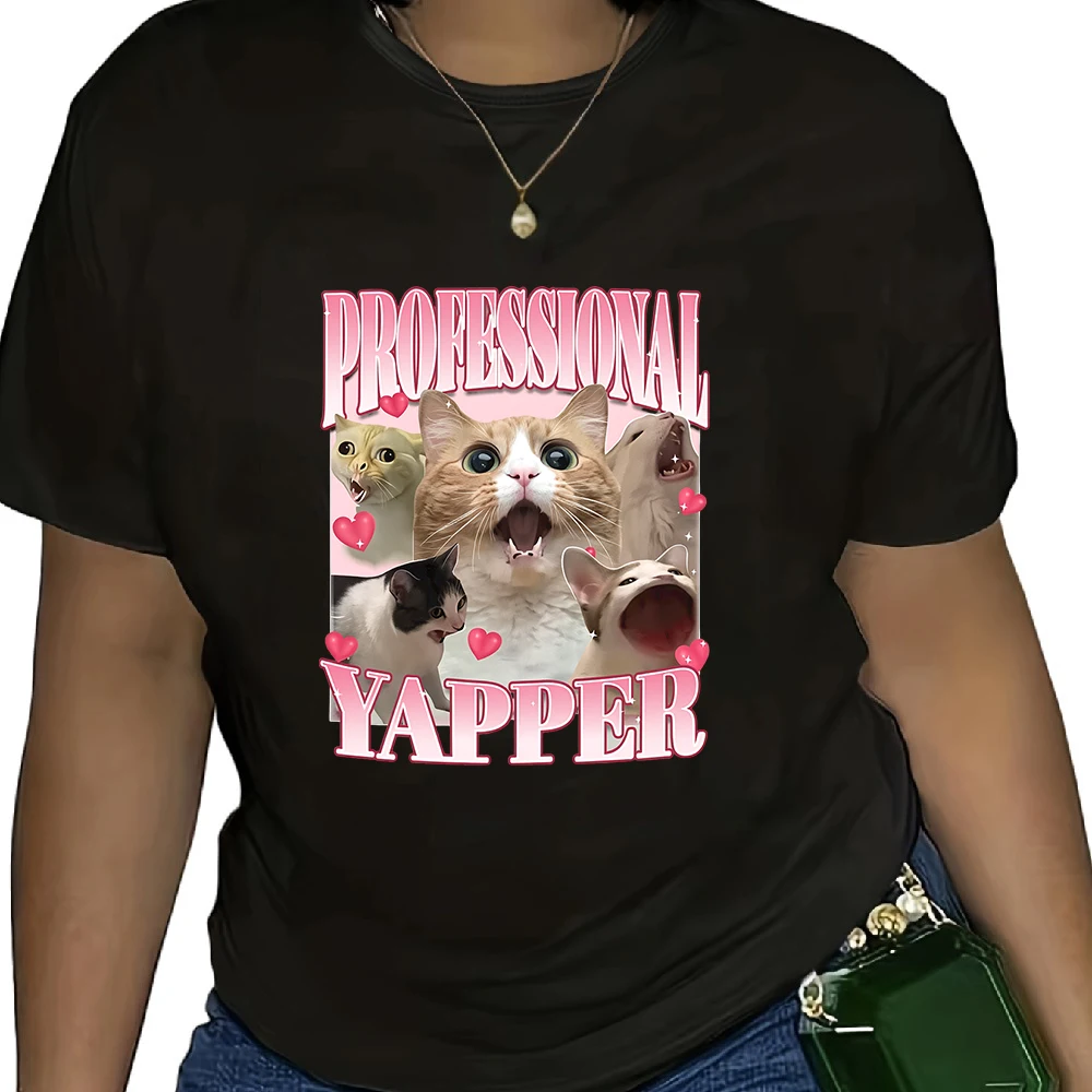 Funny Cat Meme Print Short-sleeved T-shirt Pink Aesthetic Scream Cat Graphic Crew Neck Top for Cat Lovers Humorous Casual Outfit