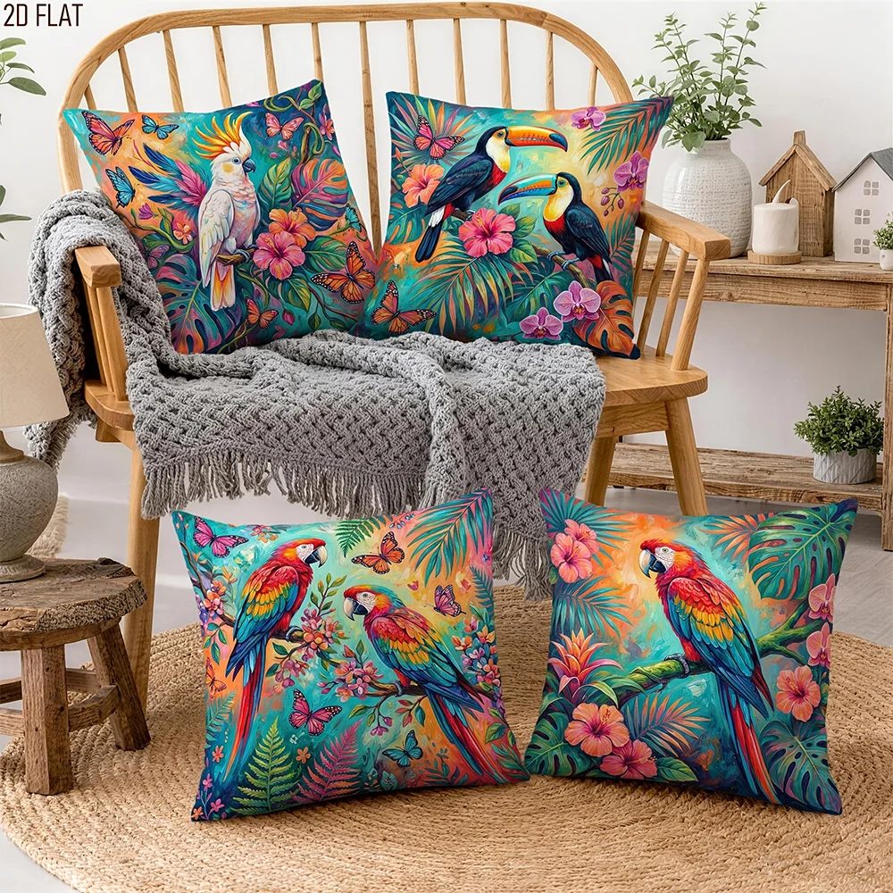 1/4pcs Tropical Paradise Throw Pillow Covers Set of 4, Vibrant Macaw Cockatoo Toucan Outdoor Cushion Cases