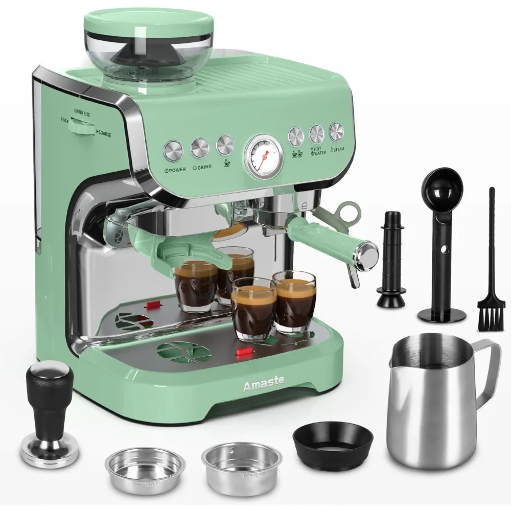 Machine with Grinder, 15 Bar Espresso Machine with Steam Wand for Latte and Cappuccino, 68Oz Water Tank, Pr